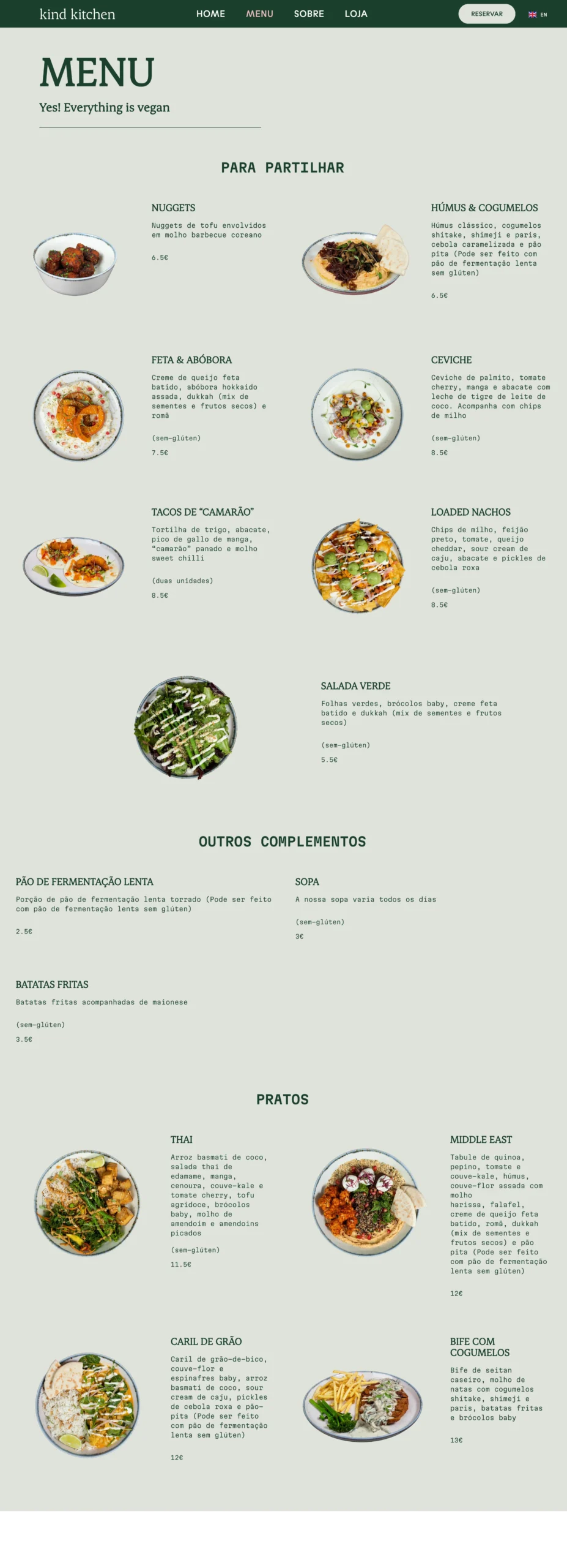 Projeto NONAME com Kind Kitchen Website Página Menu